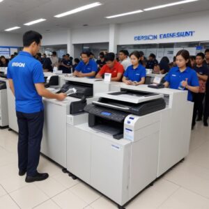 Tiga orang teknisi sedang tersenyum ramah di depan counter service center Epson, siap membantu pelanggan dengan printer yang dibawa.