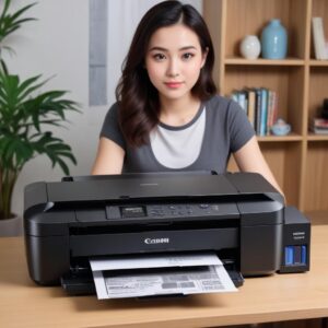 Tiga printer (Epson L3210, Canon Pixma G Series, HP Smart Tank) berjajar di atas meja. Ada bubble speech dengan perbandingan