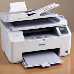 Tiga tumpukan kertas: satu tumpukan rapi, satu tumpukan miring/berantakan, dan satu tumpukan kertas kusut/lembab. Di belakangnya, tampak siluet printer Epson L3210 yang beroperasi.