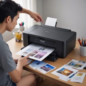 Tumpukan hasil cetak foto berkualitas tinggi dengan warna cerah dan tajam di samping printer Epson L3210, menunjukkan keunggulan tinta original dalam menghasilkan cetakan terbaik.