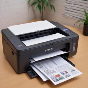 Tumpukan kertas A4 yang rapi dan mulus diletakkan di baki input printer Epson L3210, dengan pembatas kertas yang disesuaikan dengan pas.