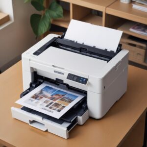 Tumpukan kertas dengan berbagai ukuran (A4, F4, foto 4R) di samping printer Epson L3210 yang bersih dan siap digunakan, menunjukkan variasi penggunaan media cetak.
