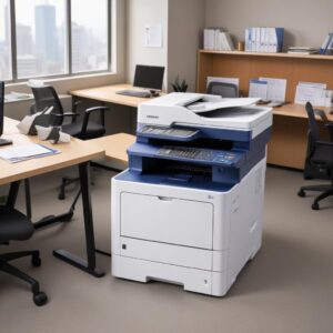 A Fuji Xerox DocuPrint M225dw laser multifunction printer swiftly processing documents with its automatic document feeder (ADF) in a busy, organized office environment.