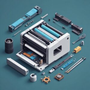 A clean, modern graphic depicting different components of a printer (print head, rollers, mainboard) being fixed or replaced by tiny, stylized tools, representing spare part replacement and maintenance.