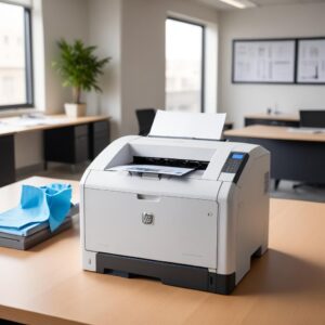 A clean, modern laserjet printer on a desk, being gently cleaned with a microfiber cloth, surrounded by a neat office environment, symbolizing good maintenance.