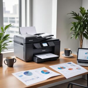 A clean, modern office desk with a well-maintained printer, an open laptop displaying business analytics, and a cup of coffee, conveying productivity and peace of mind thanks to hassle-free printer services.