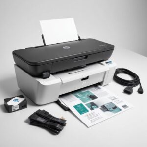 A clean, well-lit photo of a sleek HP all-in-one printer on a simple white background, surrounded by neatly arranged cables and an original HP cartridge, ready for sale.