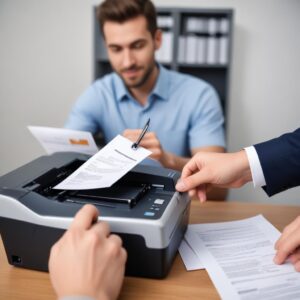 A close-up of a hand signing a rental agreement for a printer, with a friendly sales representative in the background explaining terms. The scene conveys trust and clear communication.