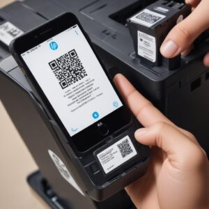 A close-up shot of a genuine HP CE285A cartridge showing its serial number and a QR code being scanned by a smartphone with the HP Smart app interface.