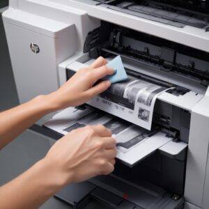 A close-up shot of a hand gently cleaning the interior of an HP LaserJet printer with a soft brush, emphasizing careful maintenance. The printer is partially open, showing internal components.