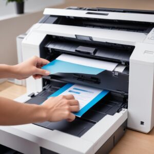 A close-up shot of a hand inserting a high-yield toner cartridge into a sophisticated A3 color laserjet printer, emphasizing ease of use and the quality of original toner. The background shows a clean, organized workspace.