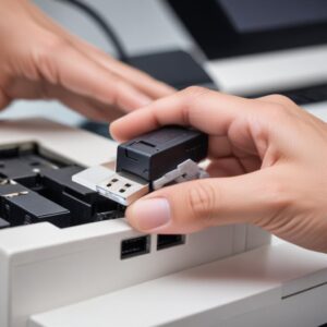 A close-up shot of a hand plugging a USB cable into a printer, with a blurred background of a desk and computer. Emphasize the connection point.