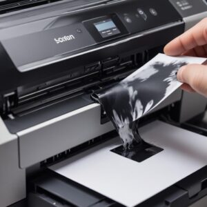 A close-up shot of a printer's print head cleaning process, showing a small amount of ink being expelled onto a paper during maintenance.