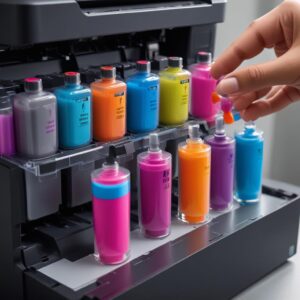 A close-up shot of an HP Smart Tank printer's transparent ink tanks being refilled with brightly colored ink bottles, emphasizing ease of use and cost-saving.