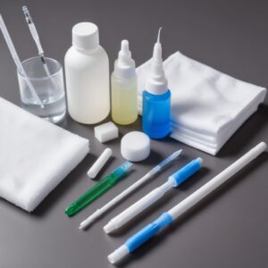 A close-up shot of various cleaning tools for a printer head: a small bottle of cleaning solution, cotton swabs, a microfiber cloth, and a small syringe without a needle, all neatly arranged.