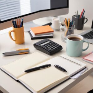 A close-up shot of various office supplies such as pens, notebooks, staplers, and a coffee mug on a clean desk, implying organized and ready-to-use essentials.