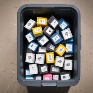 A collection of used printer cartridges neatly stacked next to a trash can with a crossed-out symbol, and a new, full cartridge ready for use.