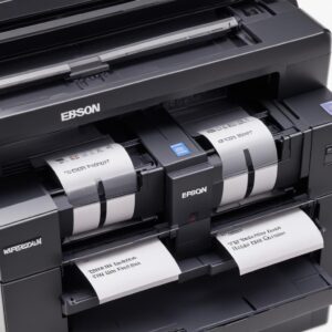 A comparison image showing two types of Epson printers: an older inkjet model with visible cartridges and a newer EcoTank model with visible ink tanks, highlighting the difference in ink refilling methods.