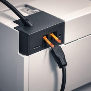 A detailed close-up illustration of a printer's external power adapter, possibly showing a small, unlit LED indicator light, and a faint crack or scorch mark on the casing, suggesting a potential malfunction or damage. The cable connecting it to the printer is also visible.