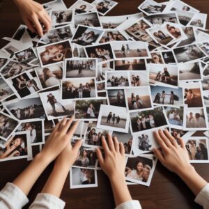 A diverse collection of various printed photos (glossy, matte, different sizes) artfully arranged on a table, with a hand reaching out to touch one, symbolizing the tangibility of memories.