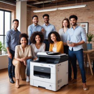 A diverse group of people (business professionals, students, small business owners) happily using different types of printers (laser, inkjet, multifunction) in various settings, showcasing the versatility and benefits of printer rental.