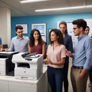 A diverse group of people (student, small business owner, office worker) looking at different HP LaserJet models on a display, making choices based on their specific needs.
