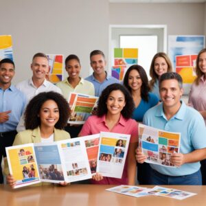 A diverse group of small business owners or office workers happily showcasing various colorful A3 prints they created, such as brochures, posters, and professional reports. The image should convey satisfaction and creativity stemming from using an A3 color laserjet printer.