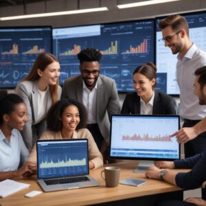 A diverse group of young professionals in a dynamic office setting, smiling and collaborating around a large screen displaying charts. Some are using rented laptops and tablets. The scene conveys efficiency and teamwork.
