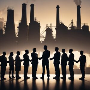 A group of diverse business professionals in Cikarang shaking hands in front of a factory silhouette, symbolizing successful partnership and business growth through smart solutions.