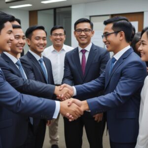 A group of diverse business professionals in Jakarta shaking hands with a supplier representative, indicating a successful business partnership and trust in office equipment procurement.