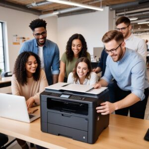 A group of diverse professionals, including a startup founder, a freelancer, and a corporate employee, happily collaborating in a modern co-working space, with a shared, rented all-in-one printer prominently in the foreground, symbolizing convenience and efficiency.