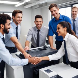 A group of diverse professionals smiling and shaking hands with a printer technician, symbolizing excellent support and customer satisfaction.