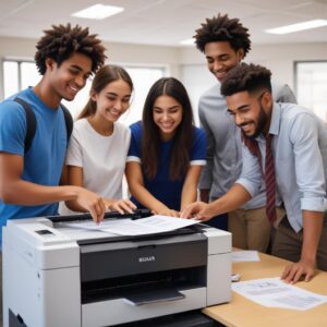 A group of diverse university students at UKRIDA campus happily printing documents with a rented printer in a common area. The scene is bright and optimistic, showing ease and collaboration.