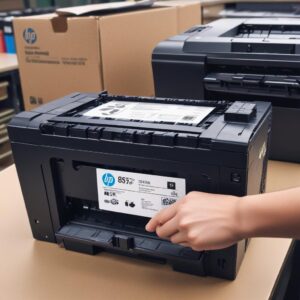 A hand holding a brand new HP 85A (CE285A) toner cartridge next to an HP LaserJet P1102 printer, with a blurred office background. The toner is still in its packaging.