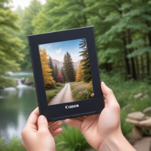 A hand holding a freshly printed 4x6 inch photo from a Canon Selphy CP1500 portable printer, with a blurred outdoor background suggesting portability and instant printing.