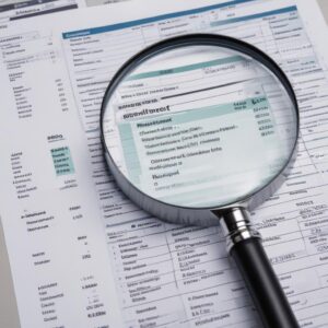 A hand holding a magnifying glass over a contract with a spreadsheet showing cost savings, representing transparency and financial benefits of printer rental.