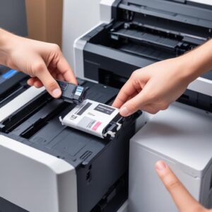 A hand holding a toner cartridge next to a printer, emphasizing the importance of checking toner costs.