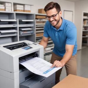 A happy person easily printing documents from a well-maintained printer, with a checklist of