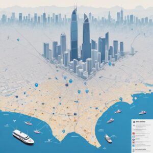 A map of Jakarta Barat highlighting various sub-districts, with several small printer icons scattered across, signifying widespread rental printer service availability, with a background of modern city skyline.