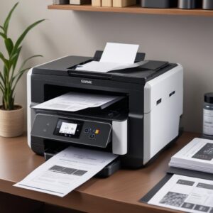 A modern ink tank printer with its clear ink tanks prominently displayed, next to a stack of printed documents and small ink refill bottles.