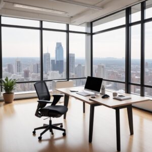 A modern, minimalist office space with various rental office equipment like a sleek black printer, a white laptop on a wooden desk, and a comfortable ergonomic chair. The background shows large windows with city views.