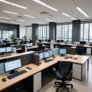 A modern office space in Jakarta with various rented equipment like sleek computers, ergonomic chairs, and a large monitor, showing a diverse team working collaboratively. The office looks professional and efficient.