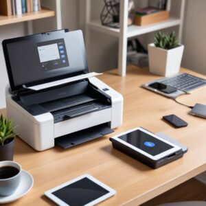 A modern wireless printer connected to a laptop via Wi-Fi, with a smartphone also visible nearby, suggesting multi-device connectivity without physical cables. The setting is a clean, organized home office.