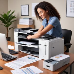 A neat office desk with a well-maintained HP LaserJet printer, a stack of perfectly printed documents, and a smiling person working on a laptop, symbolizing productivity and reliability.