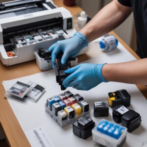 A person carefully refilling a printer cartridge with an ink bottle, wearing gloves. There are various ink bottles and refill tools on a table.