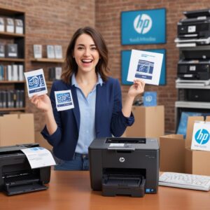 A person excitedly holding up a sold sign next to a stack of HP printers, with a tablet showing an online marketplace on a blurred background, conveying successful sales.
