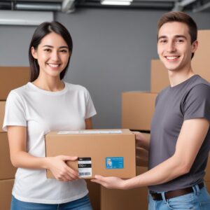 A person happily holding a newly delivered toner cartridge package, with a smoothly printing laser printer in the background, symbolizing satisfaction and efficient service.