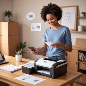 A person happily printing documents from their smartphone to a wireless printer in a cozy home environment. The printer is subtly placed in the background, showing the freedom of placement. A small thought bubble above the person's head could show a checkmark, symbolizing satisfaction.