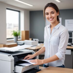 A person happily printing documents with a working printer, smiling at the camera. The scene should convey success and relief after resolving a technical issue.