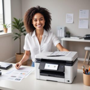 A person happily using a printer all-in-one, scanning a document with a smile, in a bright, organized office space.